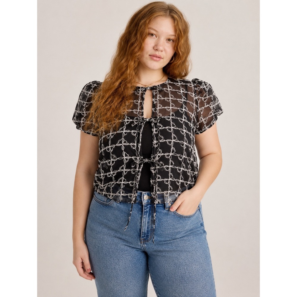 Lisa Says Gah Black Bow Lattice Organza Puff‎ Sleeve Reversible Blouse XL/2X